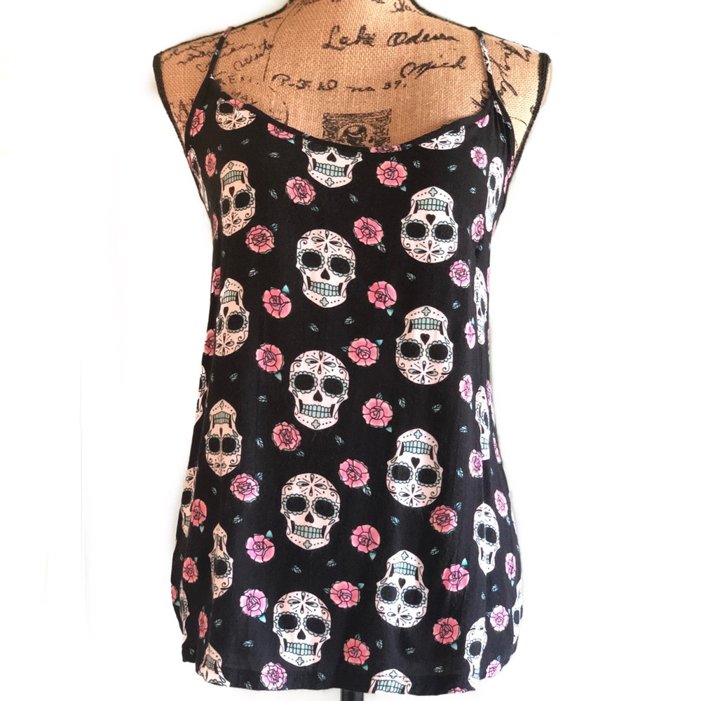 Sugar Skull Woven Cage Back Tank Top